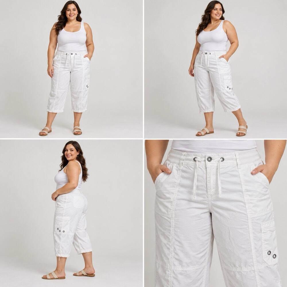 Lane Bryant Cargo Capri Pants Womens Plus 22 White Cotton Stretch Drawstring